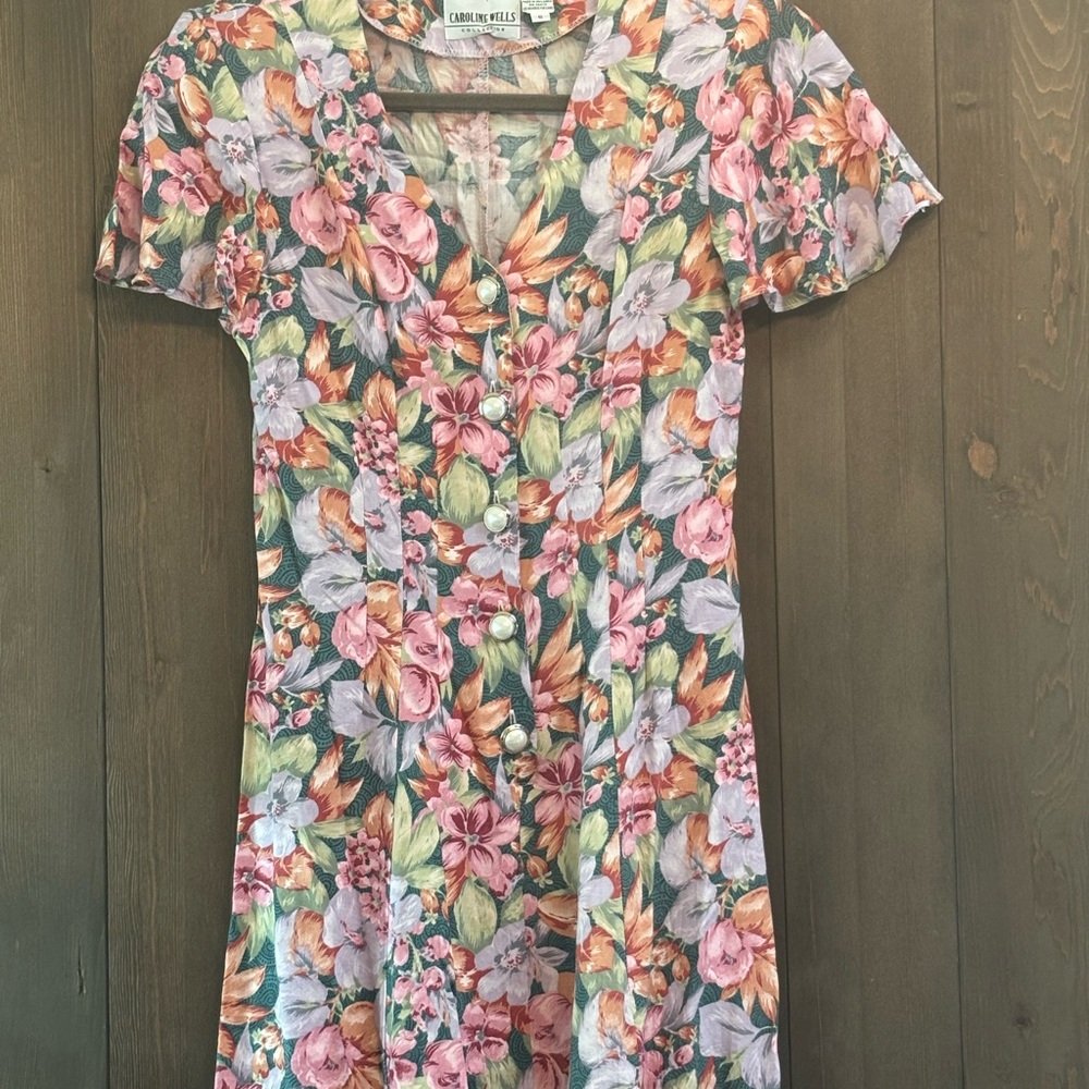 Floral V-Neck Dress with Pearl Button Detail